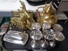 A tray containing brass teapot figure of a horse and dog, plated goblets etc.