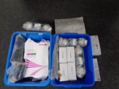 Two boxes containing printer paper, laminating rolls, pouches etc.