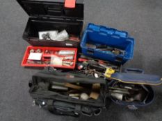 A tool bag and three plastic tool boxes containing a quantity of assorted hand tools.