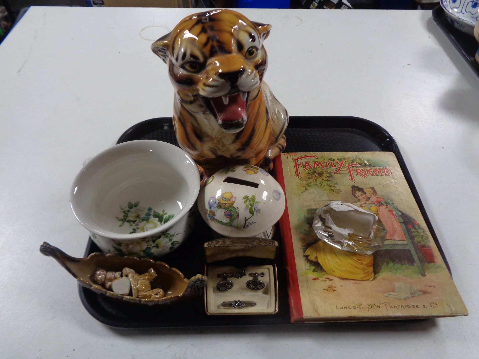 A tray of Portmeirion miniature chamber pot, Wade longboat and whimsies, pottery figure of a tiger,