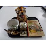 A tray of Portmeirion miniature chamber pot, Wade longboat and whimsies, pottery figure of a tiger,