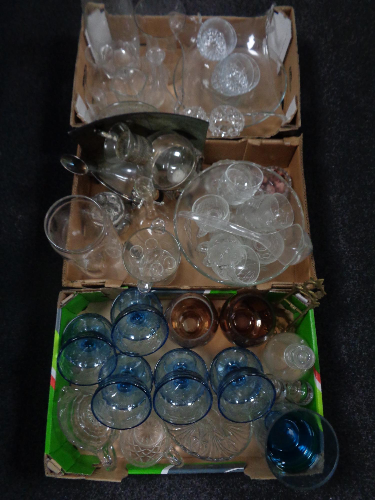 Three boxes containing a quantity of 20th century and later glassware to include punch bowl and