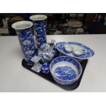 A tray containing an antique blue and white bowl together with a quantity of blue and white