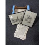 A box containing framed and unfamed maps, black and white prints.