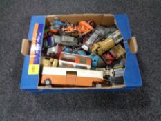 A box of mid 20th century and later play worn die cast vehicles to include Matchbox,