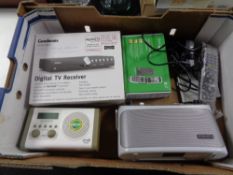 A box of assorted electricals to include Robert's radios, Goodman's digital TV receiver,