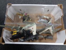 A box of a quantity of plastic aeroplane models together with a display case
