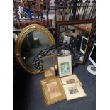 Four assorted framed mirrors together with three framed prints and a gilt framed watercolour of