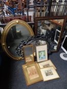 Four assorted framed mirrors together with three framed prints and a gilt framed watercolour of