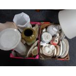 Two boxes of a large quantity of assorted china to include table lamps with shades, dinner ware,