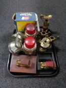 A tray containing Pifco and Boots Red Dome lanterns, brass vases, a Lesney ashtray.