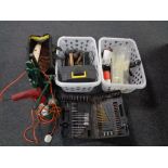 Two crates and a bag containing assorted hand tools, power tools, oil cans,