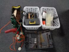 Two crates and a bag containing assorted hand tools, power tools, oil cans,