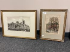 A hand coloured etching depicting Durham Cathedral, together with a further print by R.