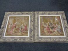 A pair of framed tapestries depicting 18th century parlour scenes