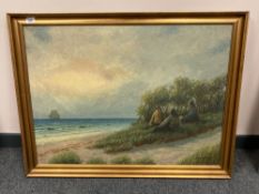 Continental school : Three figures on a beach, oil on canvas, indistinctly signed,