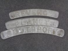 Three cast metal train name plates, Planet, Southport and Revenge .