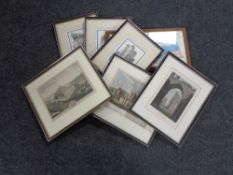 A box of eleven framed pictures to include black and white and colour etchings, Alnwick Castle,