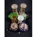 A tray of antique and later tea china to include Imari pattern teapots, Crown Devon Fieldings vases,