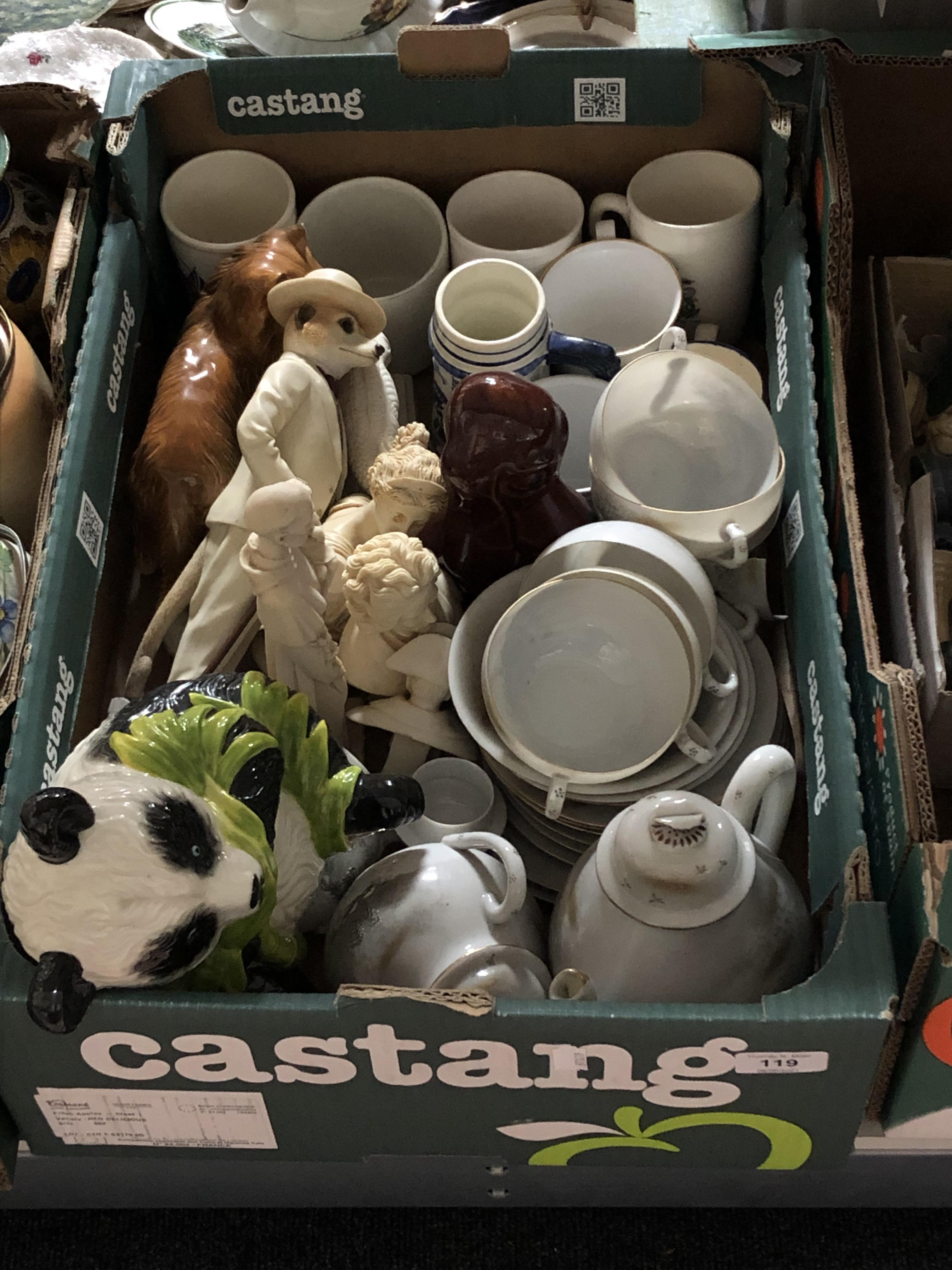 A box containing assorted china to include figures, Japanese eggshell tea service,