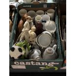 A box containing assorted china to include figures, Japanese eggshell tea service,