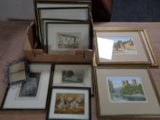 A box containing assorted framed pictures to include colour etchings in hogarth frames to include