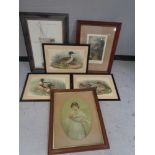 Six framed pictures to include three colour lithographic prints of ducks,