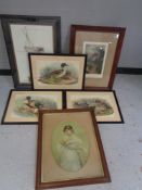 Six framed pictures to include three colour lithographic prints of ducks,