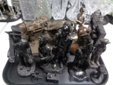 A tray containing composite and coal figures, miners, Victorian chimney sweep etc.