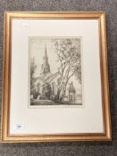 An antique etching depicting a church, signed H S Bynon, framed,