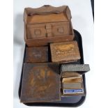 A tray of Edwardian leather cased gent's travel set, trinket box to include poker work example,