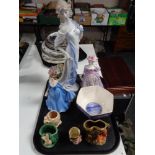 A tray containing assorted chain to include Sylvac vases, Sandland character jug,