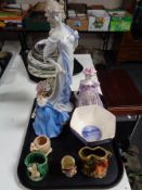 A tray containing assorted chain to include Sylvac vases, Sandland character jug,