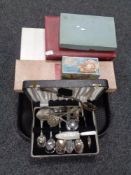 A tray of assorted boxed cutlery sets, crested spoons,