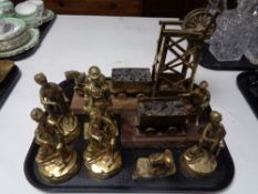 A tray containing brass figures, miners,