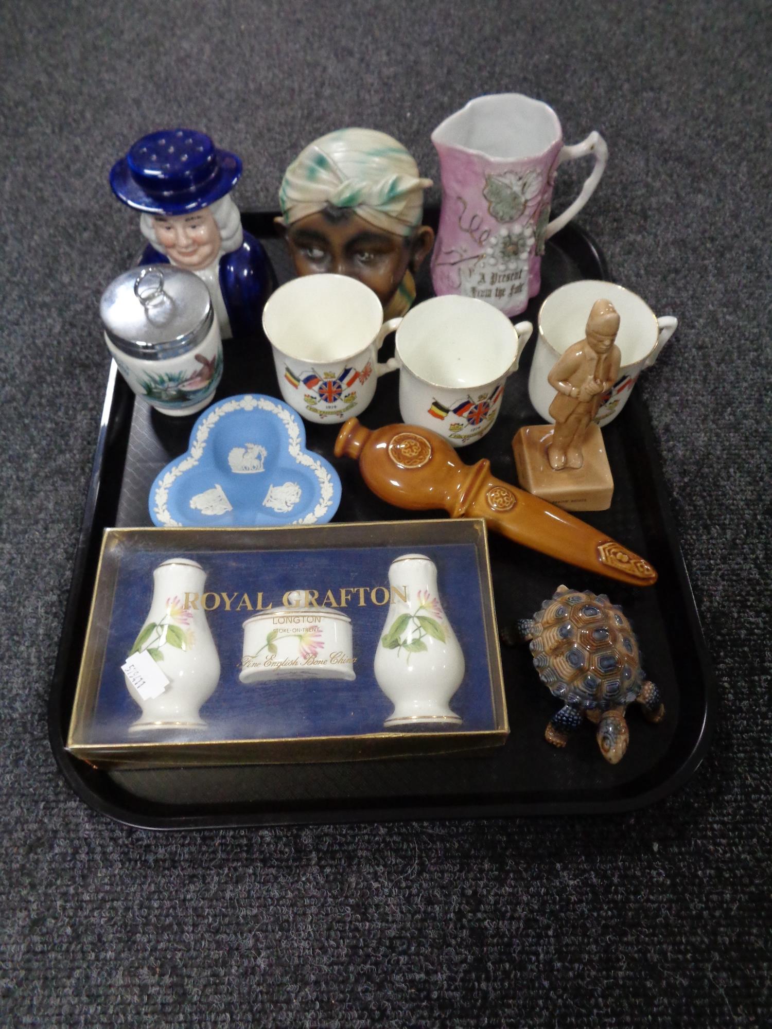 A tray of antique and later china to include lidded tobacco jar, Quaker china sugar sifter,