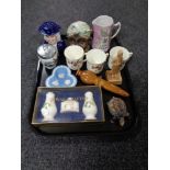 A tray of antique and later china to include lidded tobacco jar, Quaker china sugar sifter,