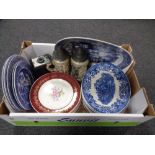 A box containing 19th century meat plate, beer steins, ironstone oval dishes, camera etc.