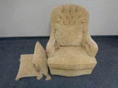 A Victorian style lady's armchair in golden fabric with three cushions