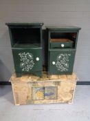 Two painted bedside cabinets together with a decoupage blanket box