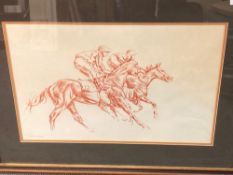 Norman Hoad : Two Racehorses with Jockies Up, red chalk, signed, 35 cm x 54 cm, framed.