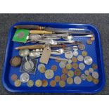 A tray of assorted plated cutlery and servers, foreign coins,