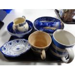 A tray of antique and later blue ad white china to include T G Green jugs, Staffordshire bowl,