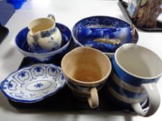 A tray of antique and later blue ad white china to include T G Green jugs, Staffordshire bowl,