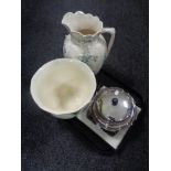 A tray of plated muffin dish with cover, 19th century wash jug, transfer printed planter,
