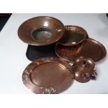 Five pieces of antique and later copper ware to include oval Art Nouveau tray, antique copper bowl,