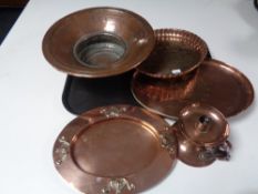 Five pieces of antique and later copper ware to include oval Art Nouveau tray, antique copper bowl,