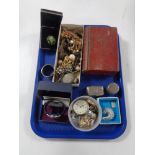 A tray of assorted costume jewellery, wristwatches, Ingersol pocket watch,