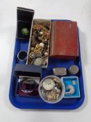 A tray of assorted costume jewellery, wristwatches, Ingersol pocket watch,