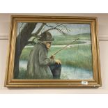 Continental School : Man fishing in marshland, oil on canvas, framed,